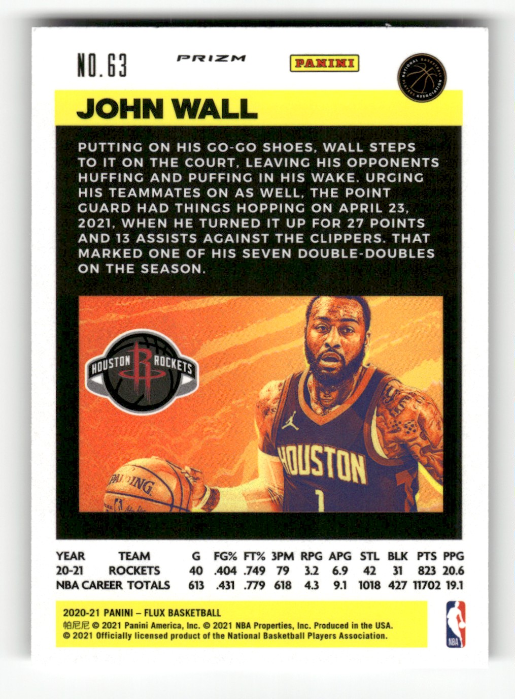 2020-21 Panini Flux Pulsar John Wall #63 card back image