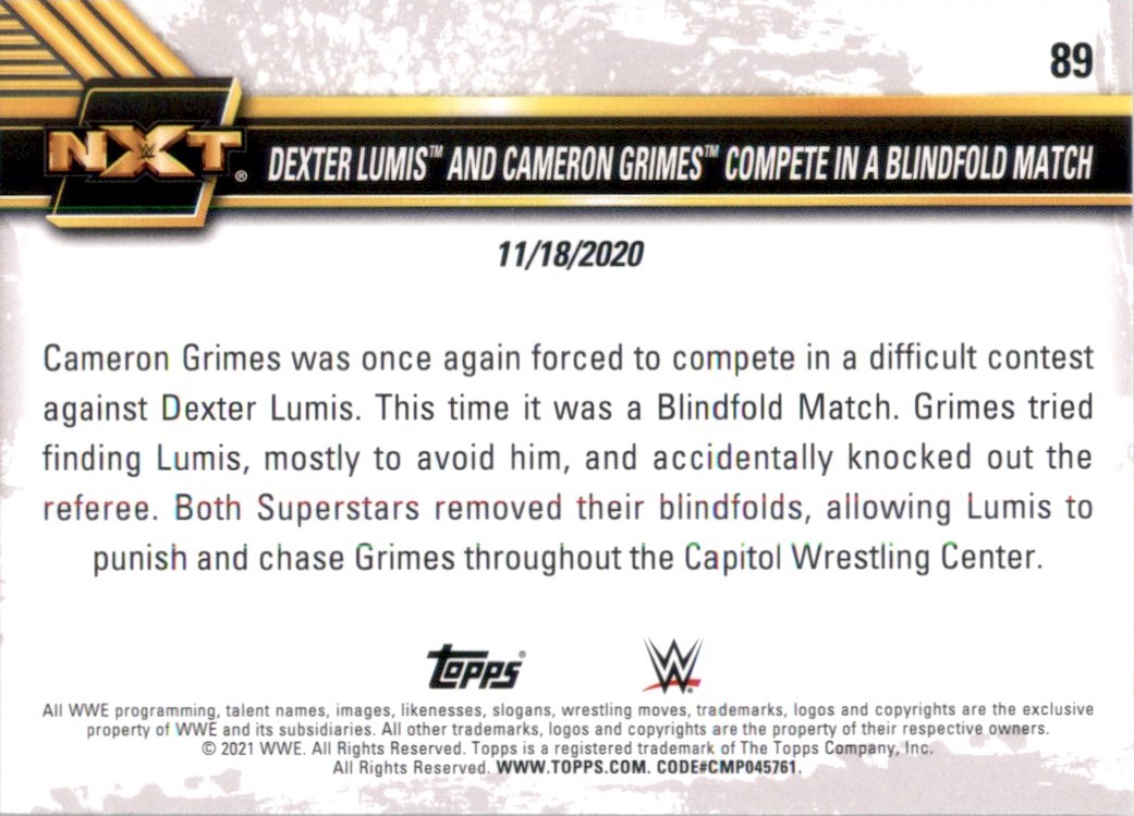 2021 Topps WWE NXT Dexter Lumis and Cameron Grimes Compete in a Blindfold Match #89 card back image