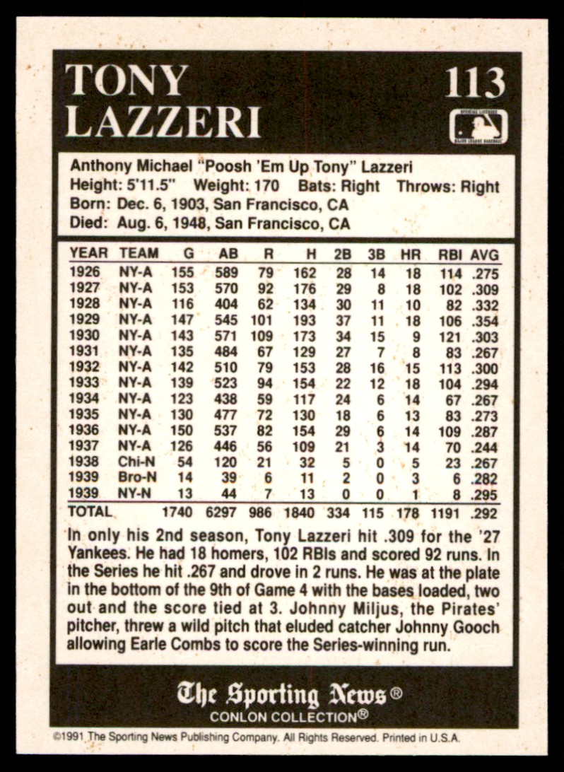1991 Conlon Collection TSN Tony Lazzeri #113 card back image