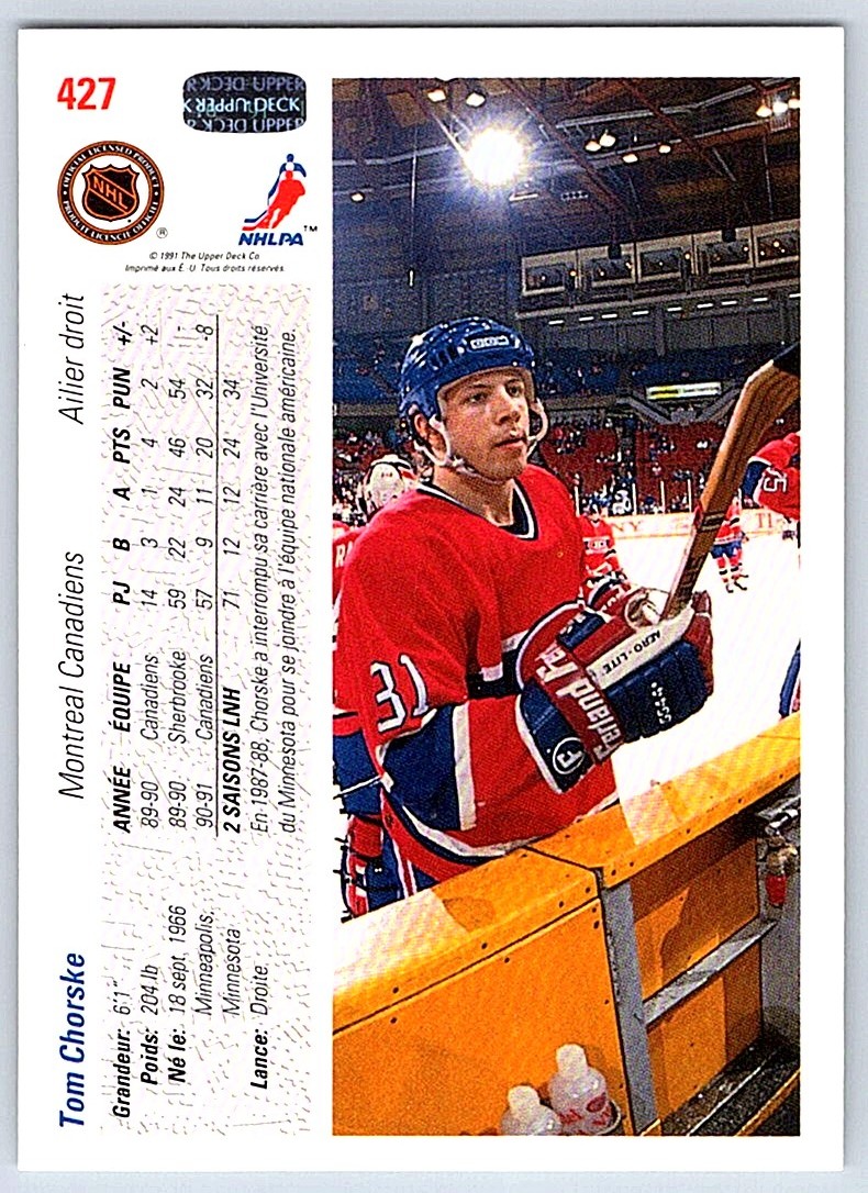 1991-92 Upper Deck Tom Chorske #427 card back image