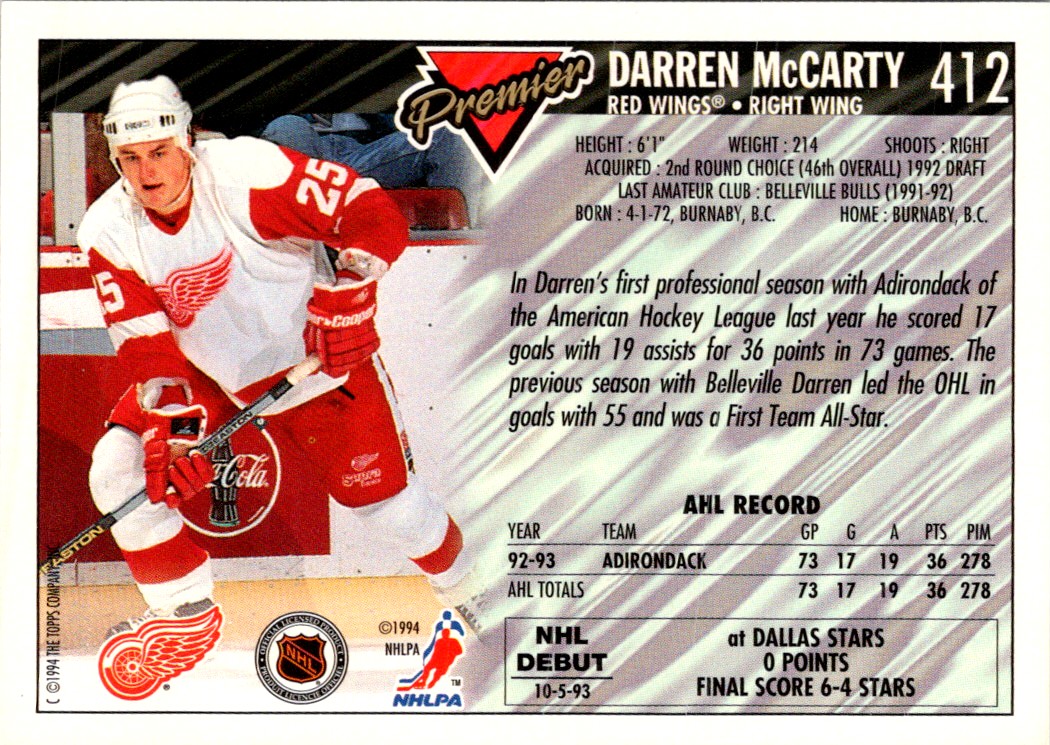 1993-94 Topps Premier Darren McCarty #412 card back image