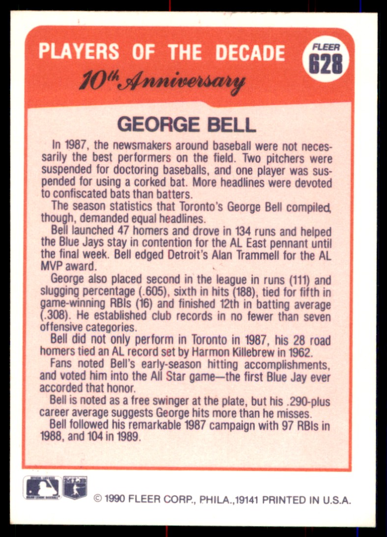 1990 Fleer George Bell #628 card back image