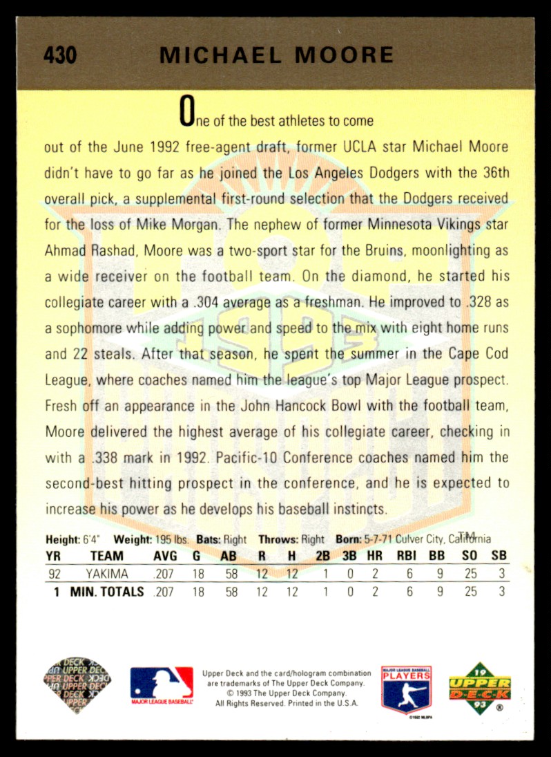 1993 Upper Deck Top Prospect Michael Moore #430 card back image