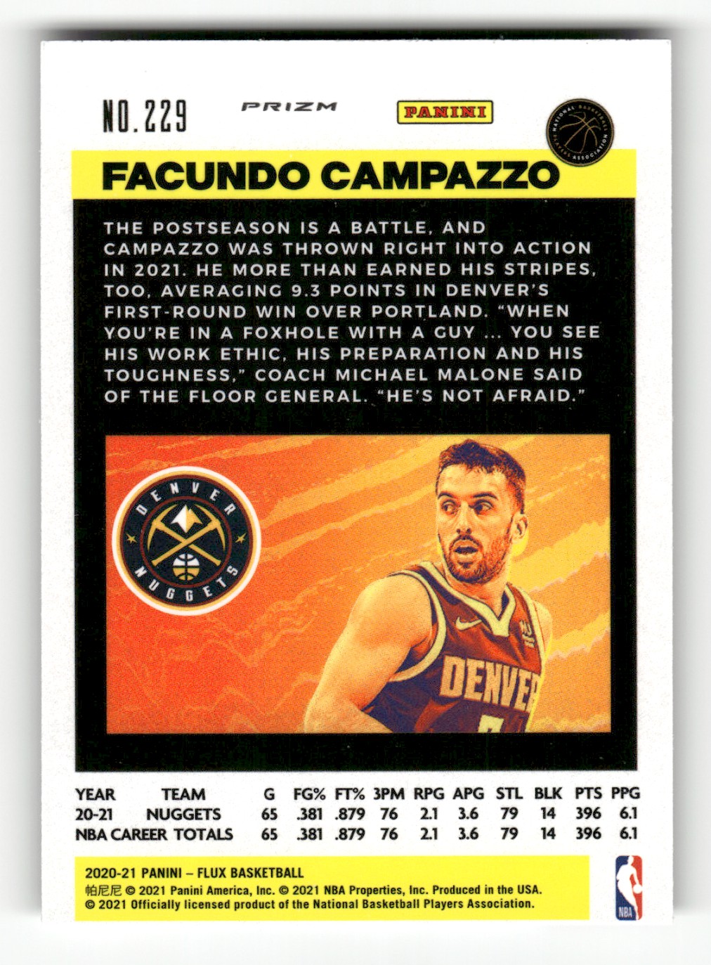 2020-21 Panini Flux Pulsar Facundo Campazzo #229 card back image