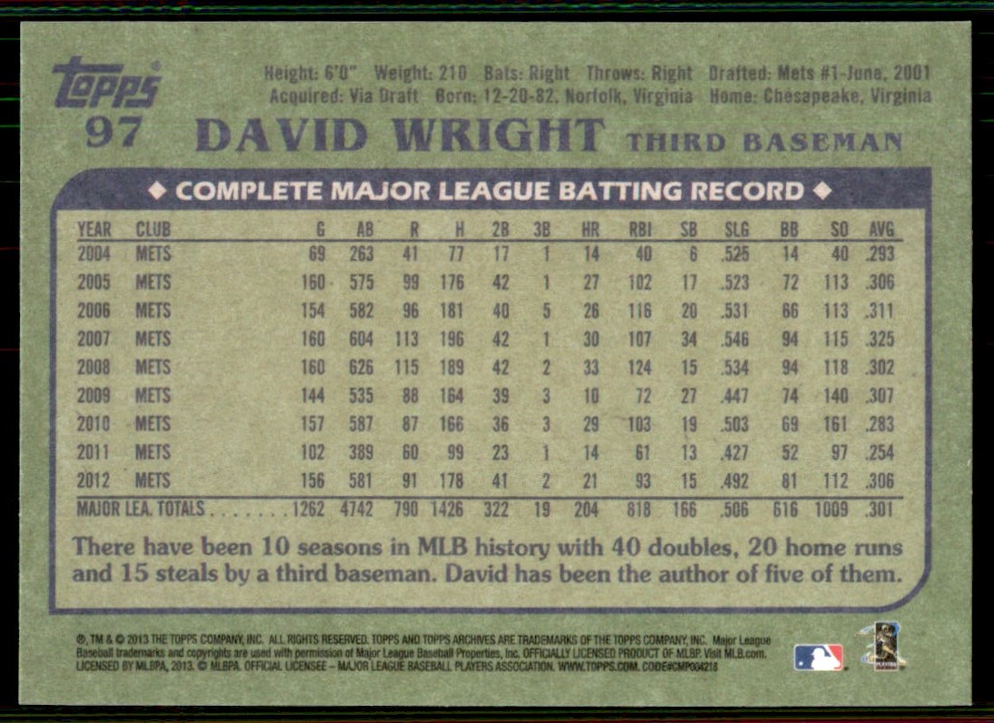 2013 Topps Archives David Wright #97 card back image
