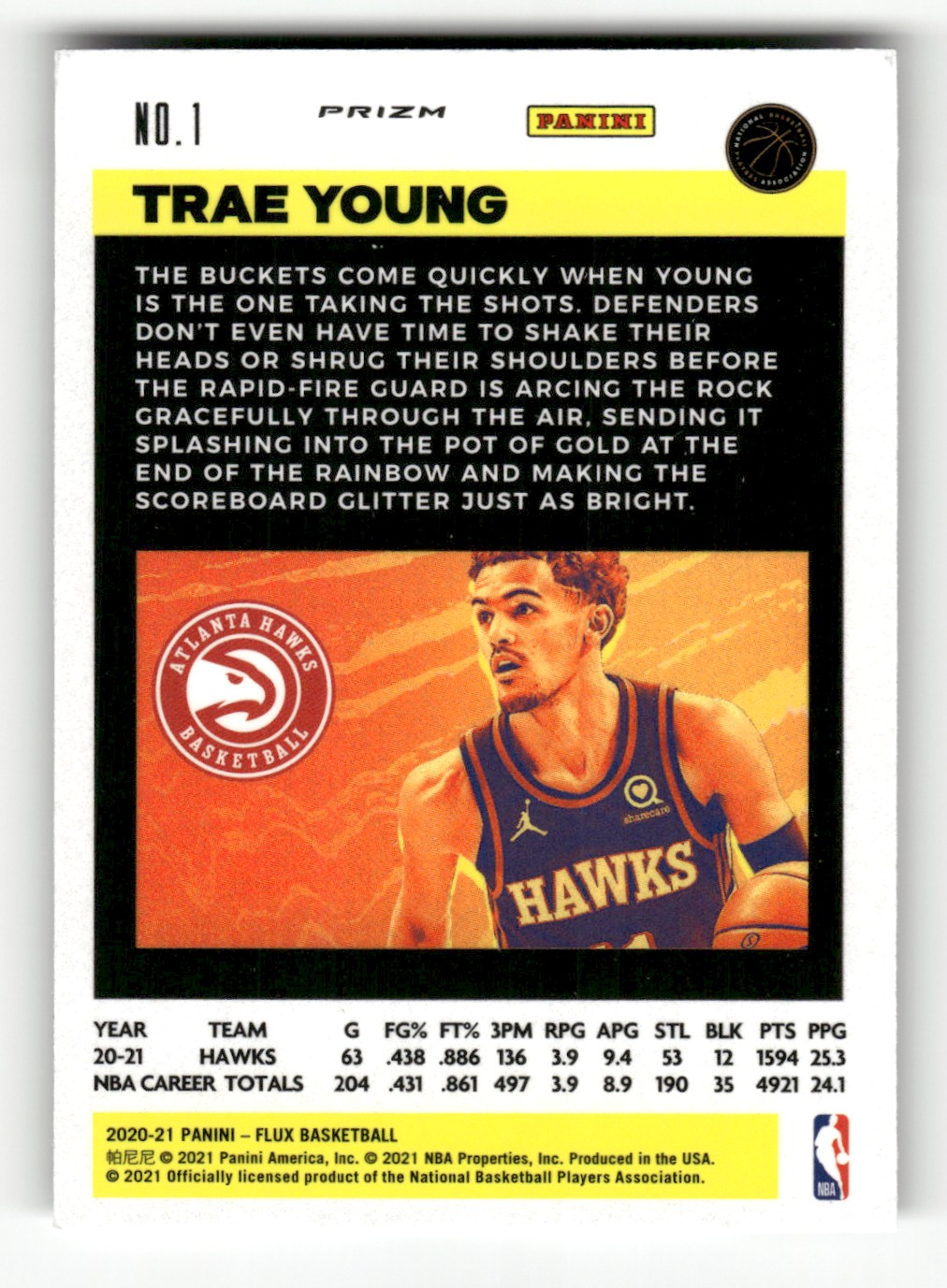 2020-21 Panini Flux Pulsar Trae Young #1 card back image