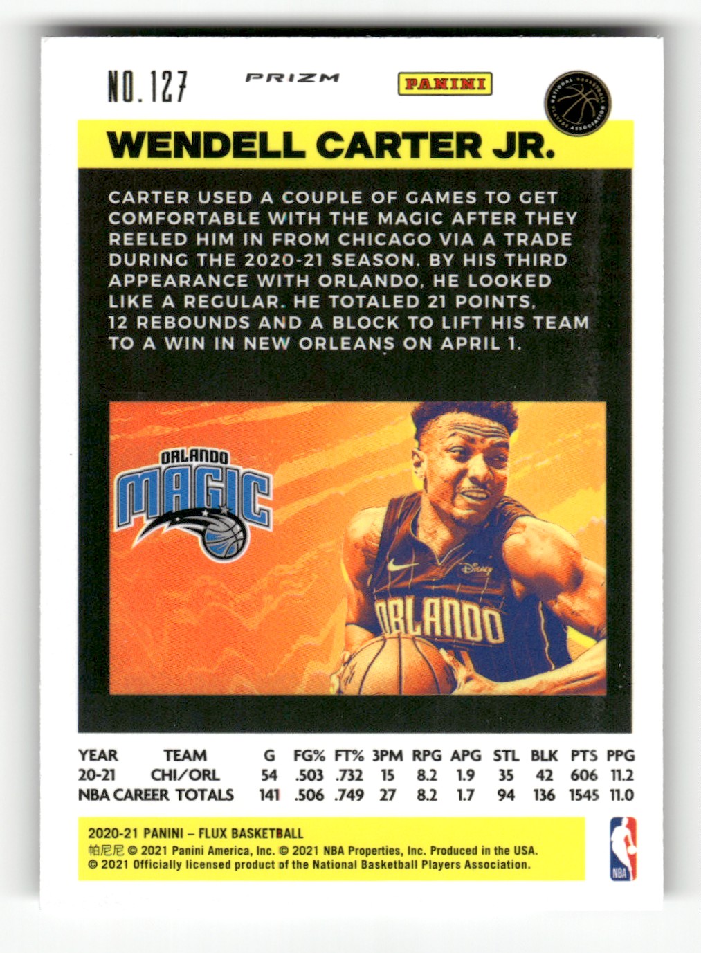 2020-21 Panini Flux Pulsar Wendell Carter Jr. #127 card back image