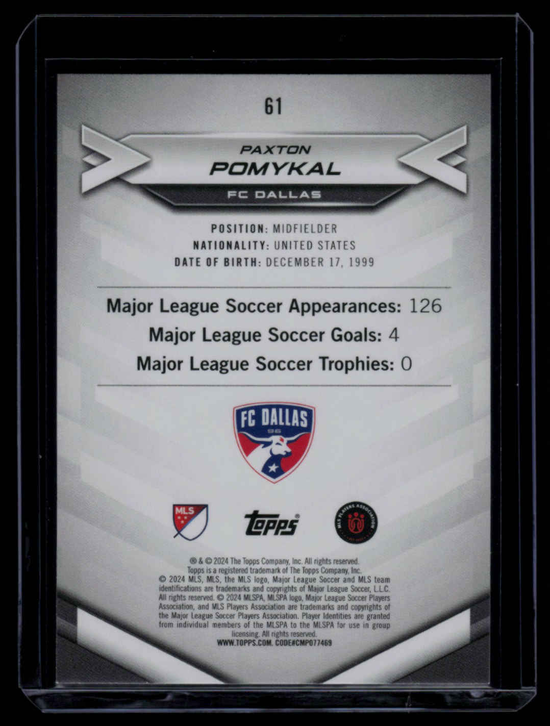 2024 Topps MLS Superstars Uncommon Green Foil Paxton Pomykal #61 card back image
