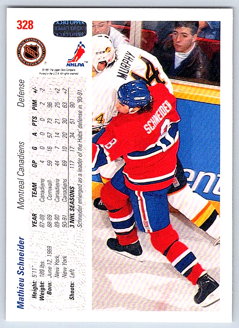 1991-92 Upper Deck Mathieu Schneider #328 card back image