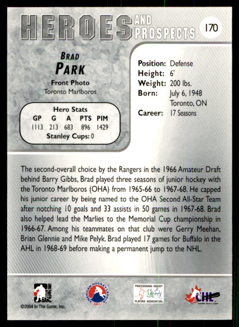 2004-05 In The Game Heroes and Prospects Brad Park #170 card back image
