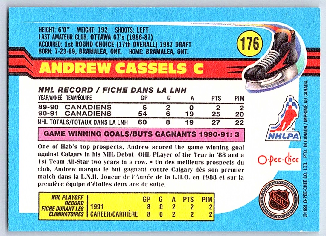 1991-92 O-Pee-Chee Andrew Cassels #176 card back image