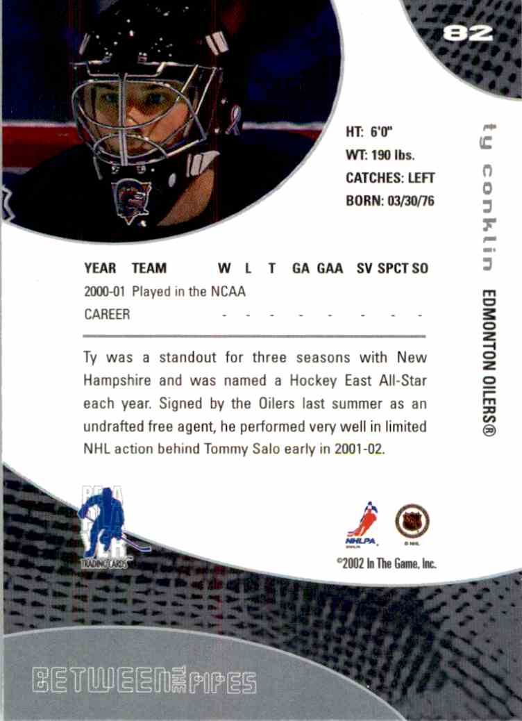 2001-02 In the Game Between the Pipes Ty Conklin #82 card back image