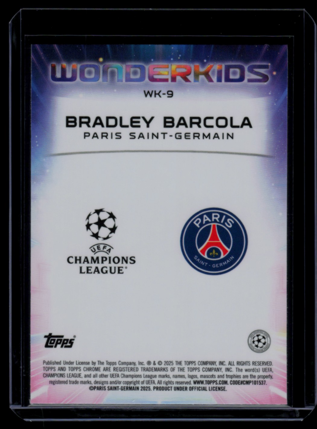2024 Topps Chrome UEFA Club Wonderkids BRADLEY BARCOLA #WK-9 card back image