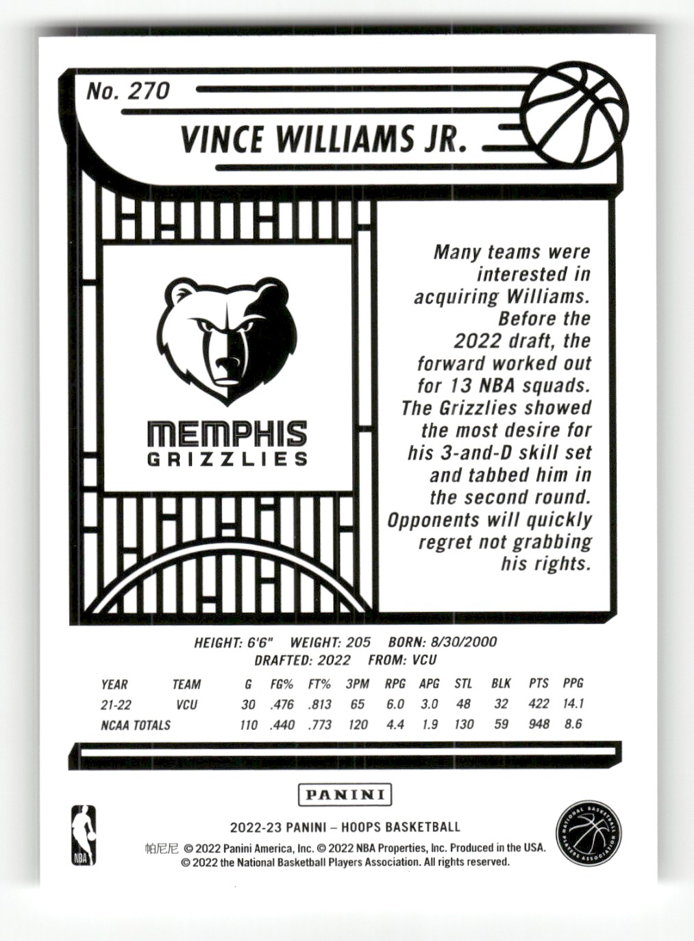 2022-23 Hoops Vince Williams Jr. #270 card back image