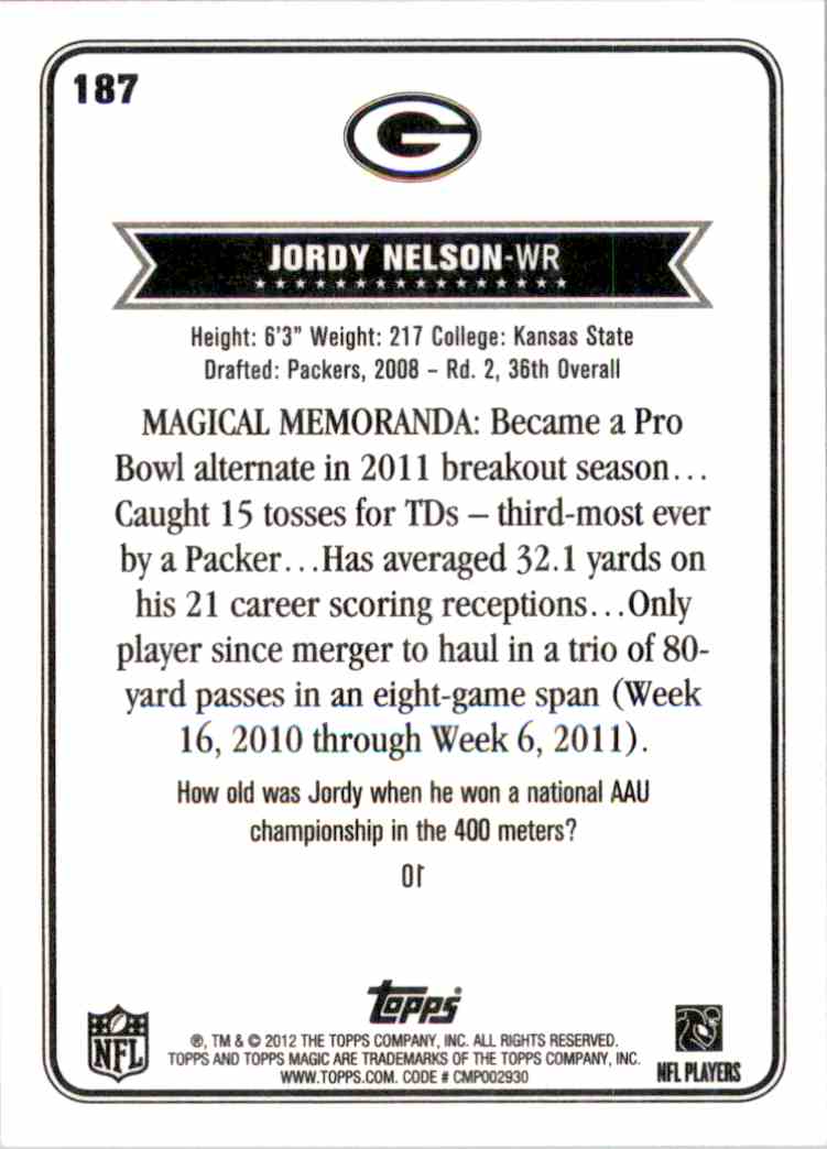2012 Topps Magic Jordy Nelson #187 card back image