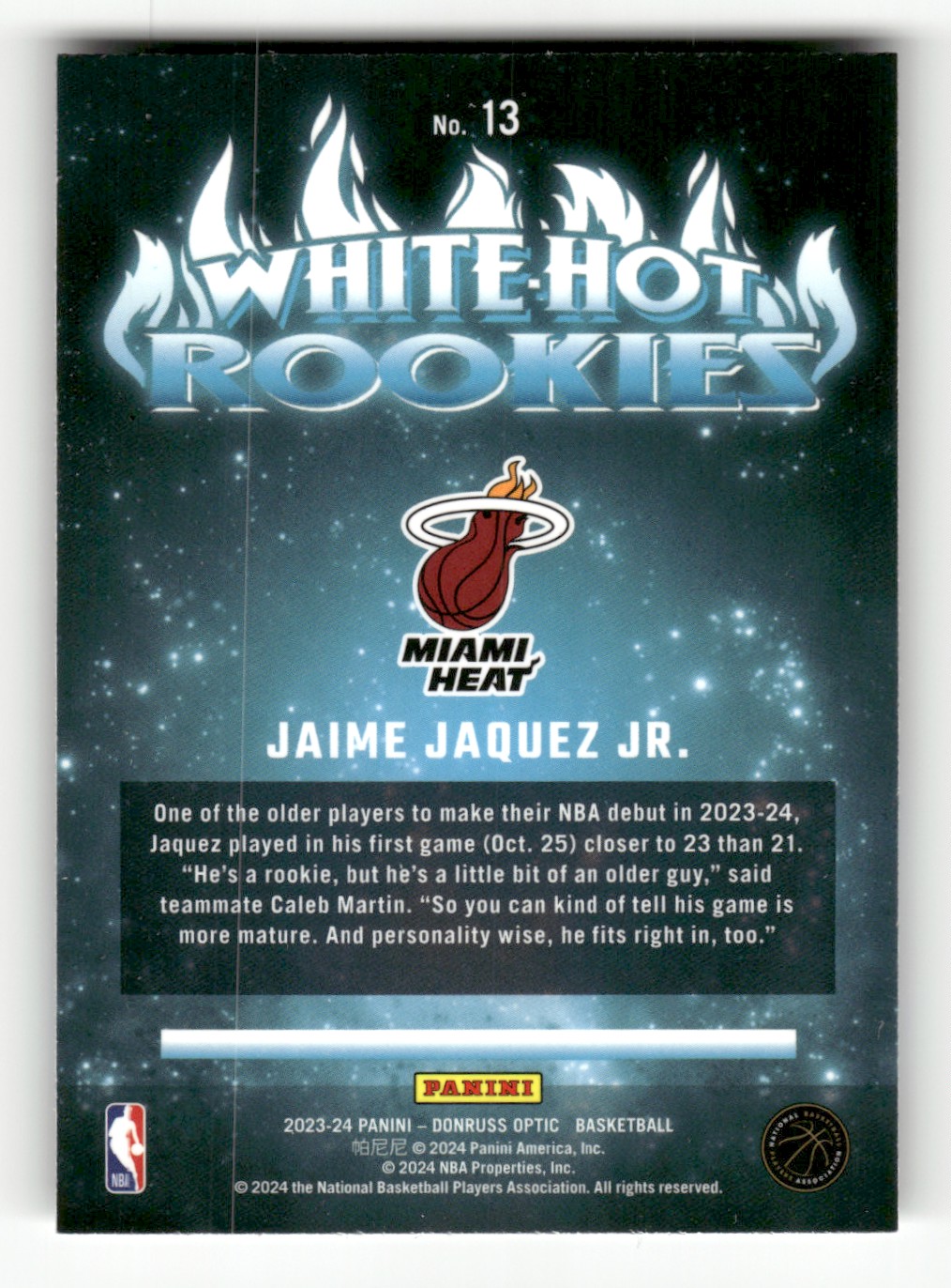 2023-24 Donruss Optic White Hot Rookies Jaime Jaquez Jr. #13 card back image
