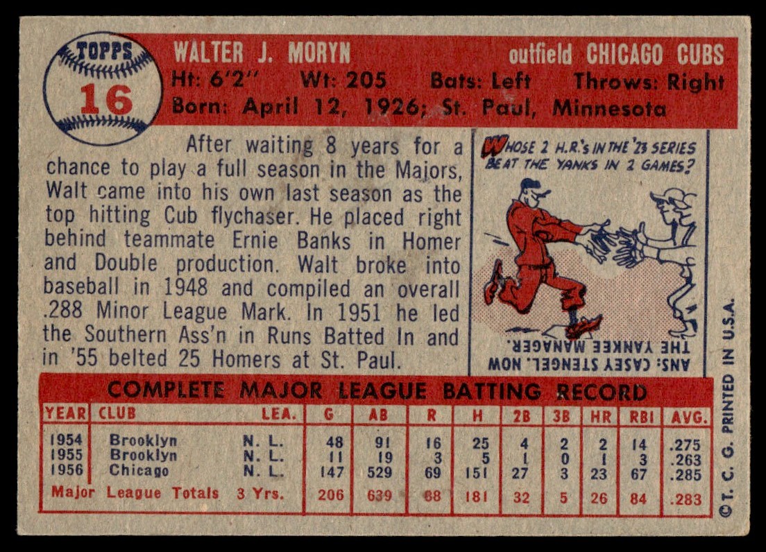 1957 Topps Walt Moryn #16 card back image