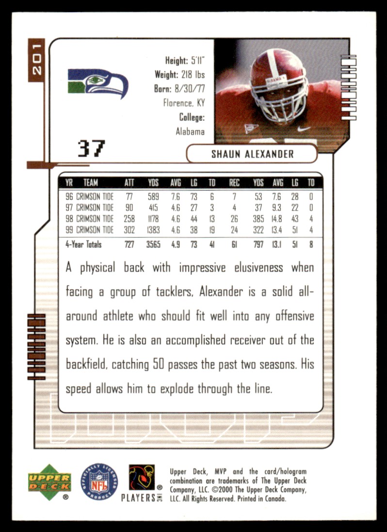 2000 Upper Deck MVP Shaun Alexander #201 card back image