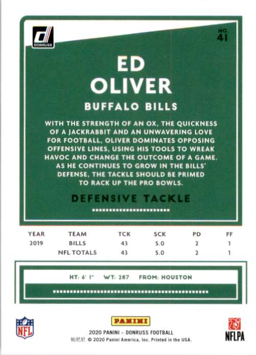 2020 Donruss Ed Oliver #41 card back image
