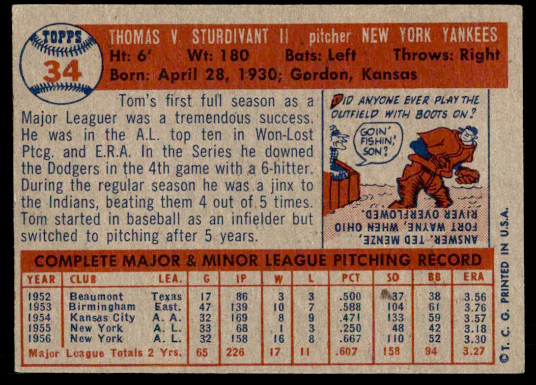 1957 Topps Tom Sturdivant #34 card back image