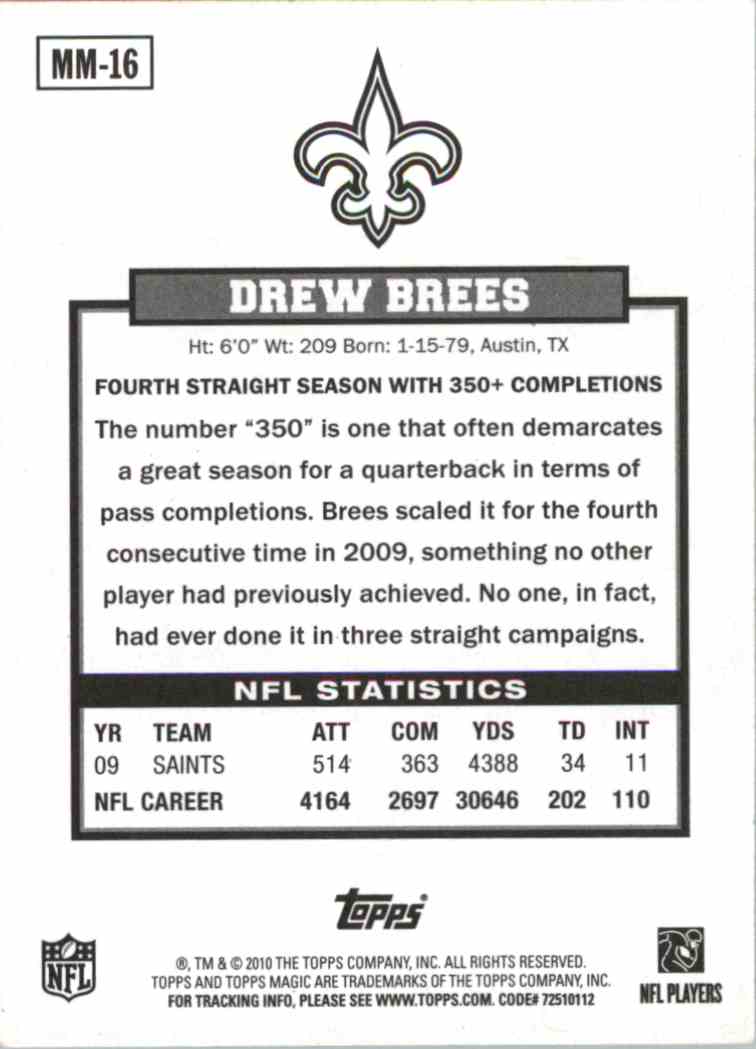 2010 Topps Magic Drew Brees #MM16 card back image