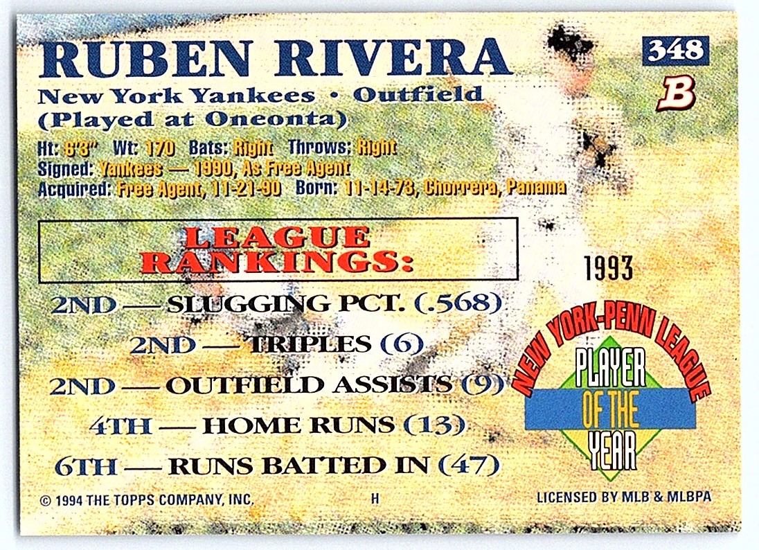 1994 Bowman Ruben Rivera #348 card back image