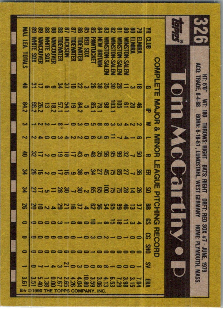 1990 Topps Tom McCarthy #326 card back image