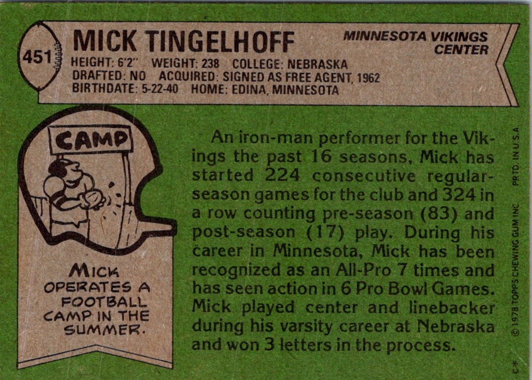 1978 Topps Mick Tingelhoff #451 card back image