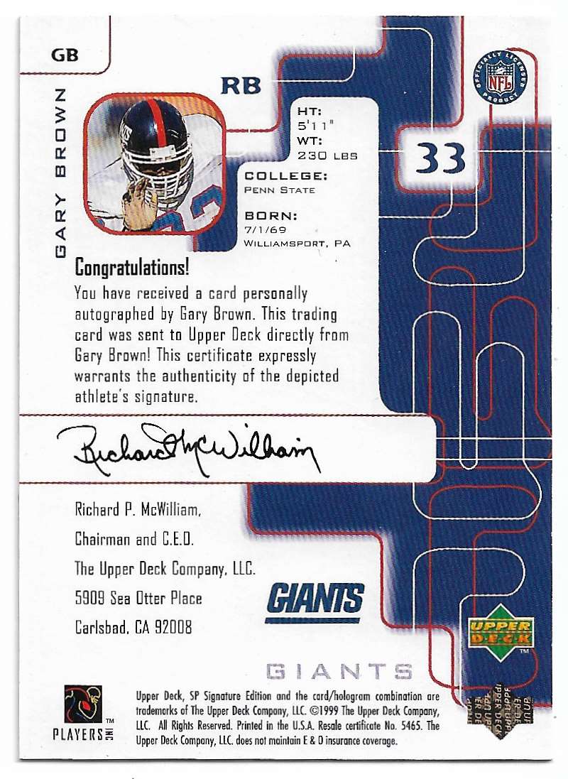 1999 SP Signature Autographs Gary Brown #GB card back image