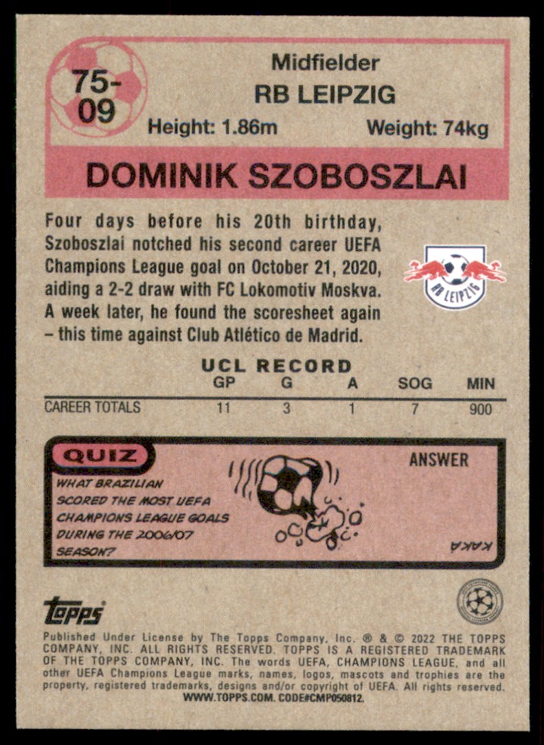 2021 Topps UEFA Champions League '75-76 Footballer Dominik Szoboszlai #7509 card back image