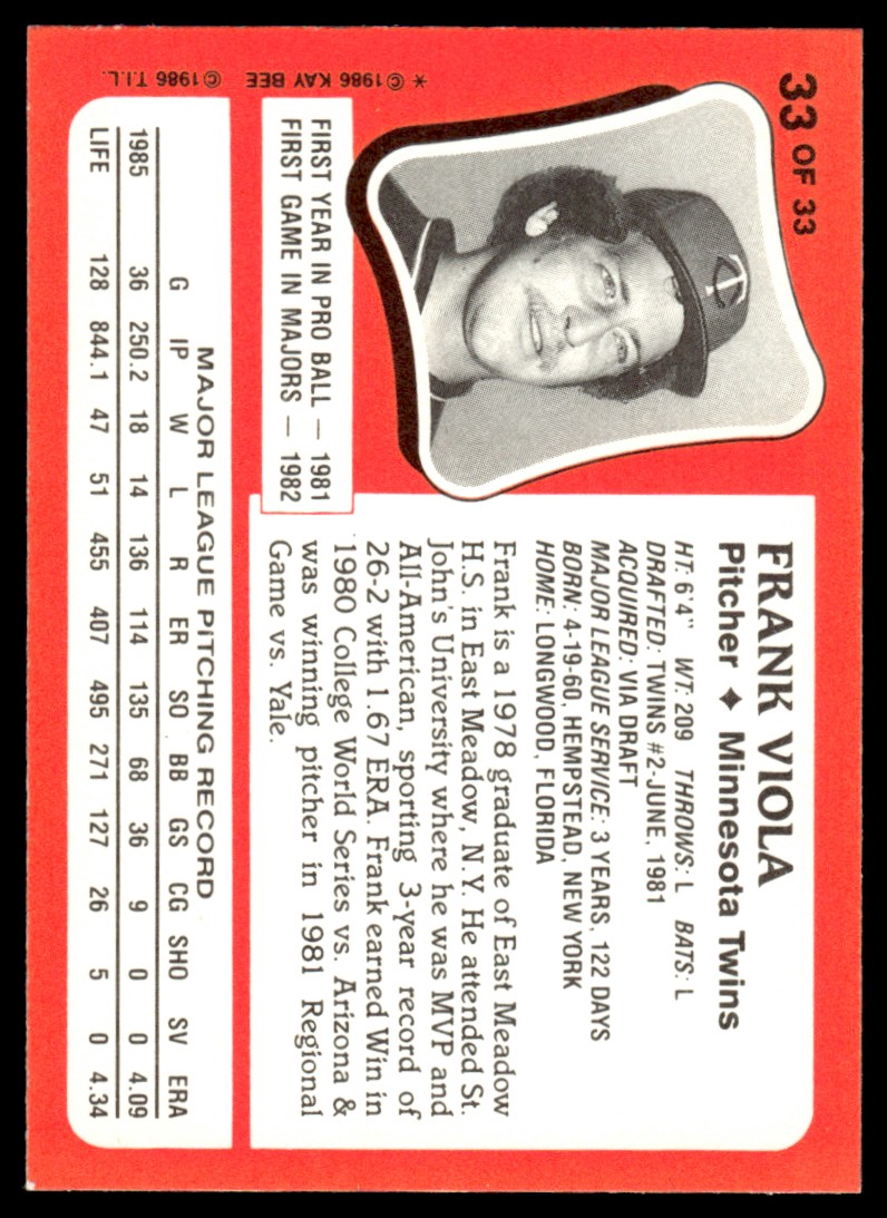 1986 Topps Kay-Bee Young Superstars of Baseball Frank Viola #33 card back image