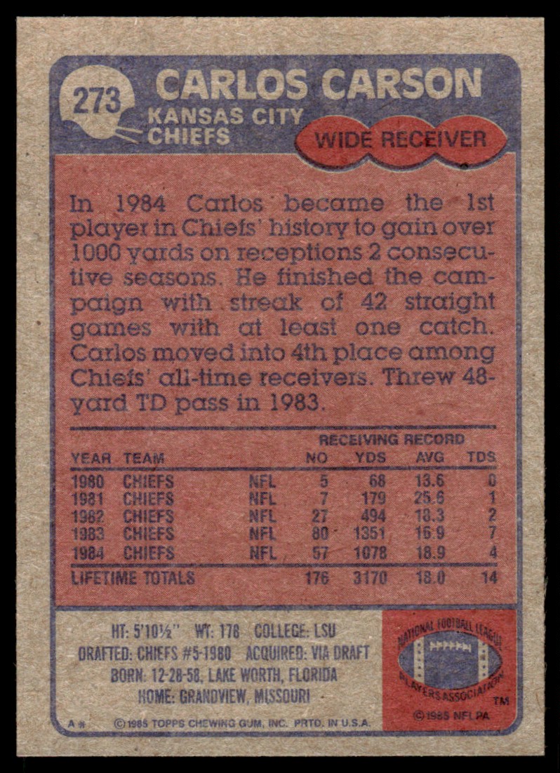 1985 Topps Carlos Carson #273 card back image