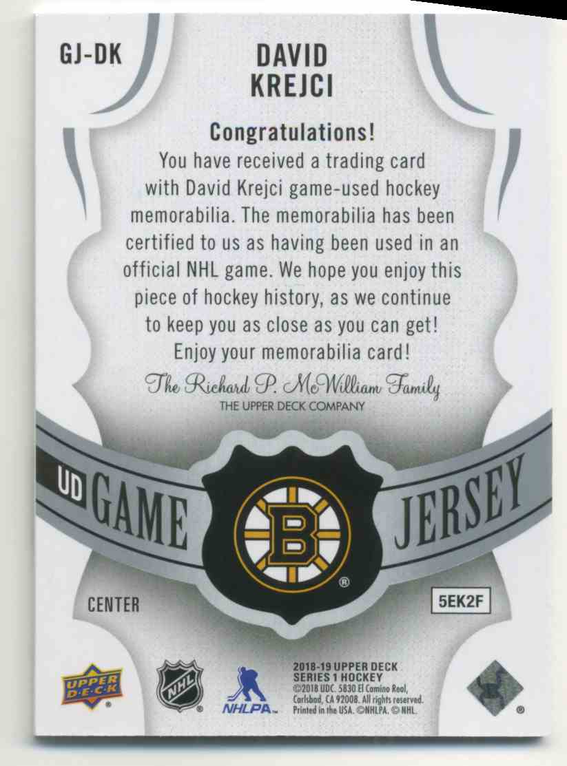 2018-19 Upper Deck Game Jerseys David Krejci #GJ-DK card back image
