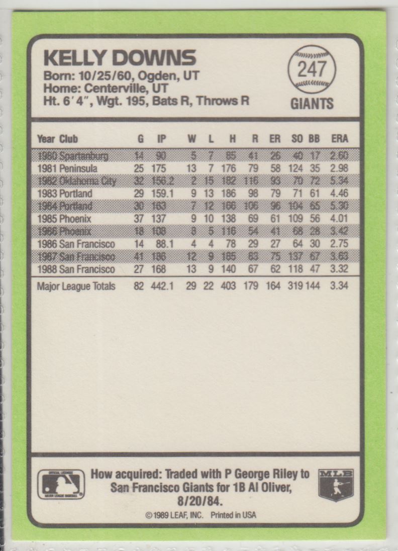 1989 Donruss Baseball's Best Kelly Downs #247 card back image