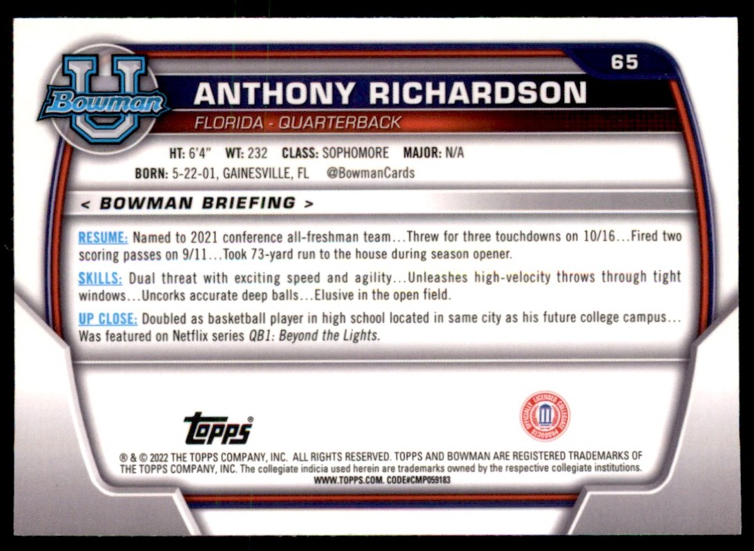 2022 Bowman University Chrome Anthony Richardson #65 card back image